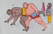 A pair a wrestlers with referee. Creator: Unknown.