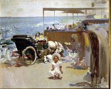 Carriages and child on the beach' by Jose Navarro Llorens, oil between 1908-1912.