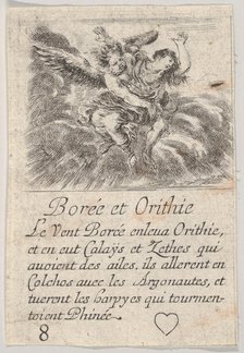 Boreas and Orithyia, from 'Game of Mythology' (Jeu de la Mythologie), 1644. Creator: Stefano della Bella.