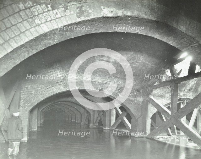 Damaged interior of the underground reservoir, Beckton Sewage Works, London, 1938. Artist: Unknown.