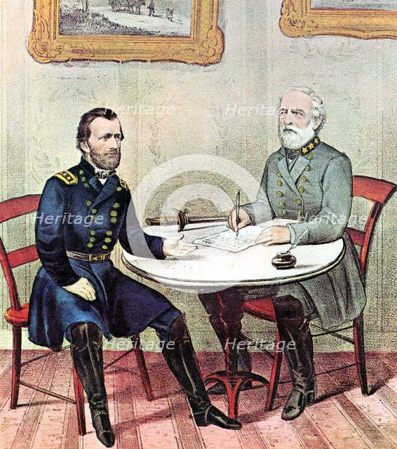 Meeting of Generals Grant (left) and Lee, American Civil War, 1865. Artist: Currier and Ives
