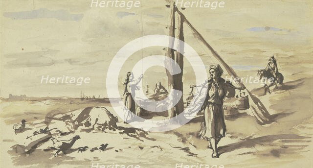 Drawing water from a well in landscape, late 19th century.  Creator: Wilhelm Amandus Beer.
