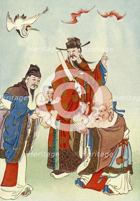 'The Gods of Happiness, Office, and Longevity', 1922. Creator: Unknown.