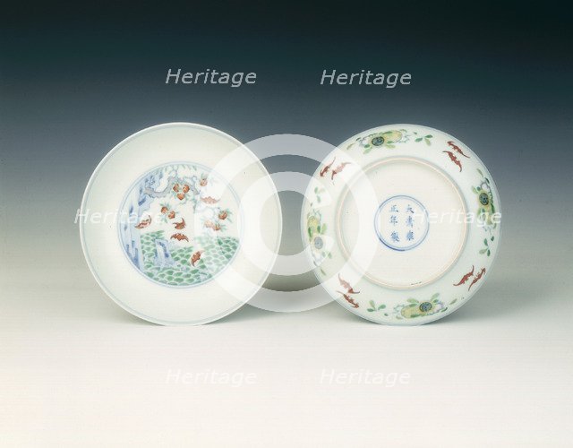 Pair of doucai saucers with bats and peach tree, Qing dynasty, Yongzheng period, 1723-1735. Artist: Unknown