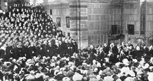 The King declaring open the new speech-room at Rugby School, 1909. Creator: Graphic Photo Union.