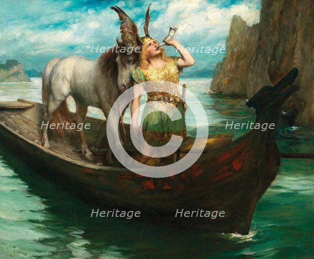 Siegfried's Journey to the Rhine. The Twilight of the Gods. Singer Hubert Leuer as Siegfried, 1908. Creator: Leeke, Ferdinand (1859-1937).