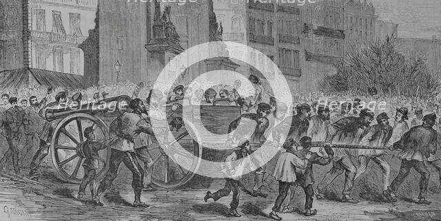 Paris Commune, France: The insurgents dragging the cannons to Montmartre, 1871. Creator: Manuel Ricord.