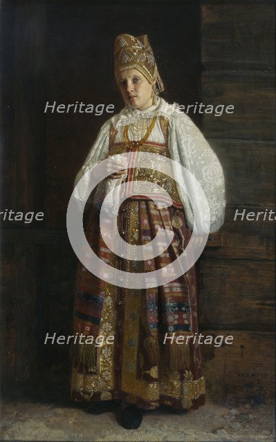 Woman from Kursk in traditional Russian clothing, 1871. Artist: Sedov, Grigori Semyonovich (1836-1884)