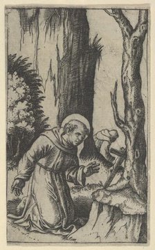 Saint Francis of Assisi praying before a crucifix, from the series 'Piccoli Santi..., ca. 1500-1527. Creator: Marcantonio Raimondi.
