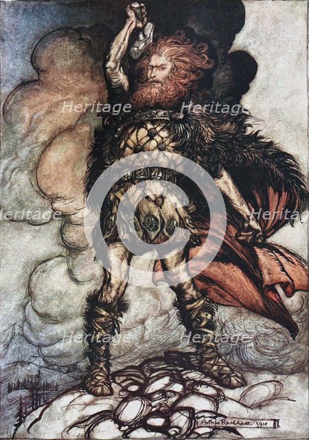 Donner, your lord, summons his hosts! Illustration for The Rhinegold and The Valkyrie by Richard W Artist: Rackham, Arthur (1867-1939)