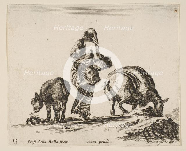 Plate 13: a peasant woman, seen from the back, holding a basket in center, a donkey..., ca. 1644-47. Creator: Stefano della Bella.