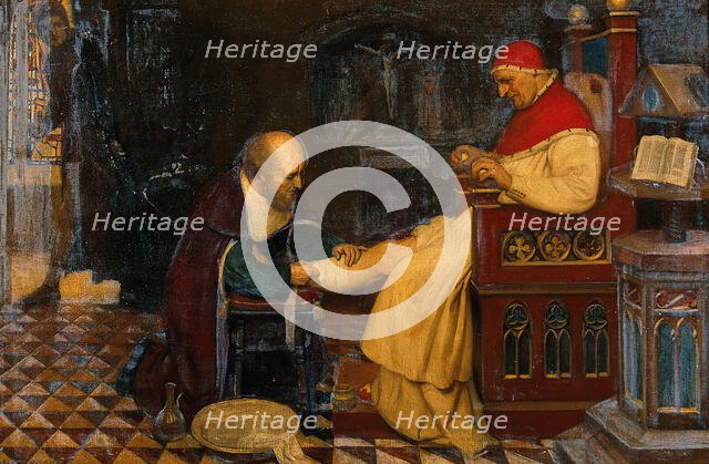Guy de Chauliac bandaging the leg of Pope Clement VI at Avignon, while Petrarch..., c1348, 1931. Creator: Ernest Board.
