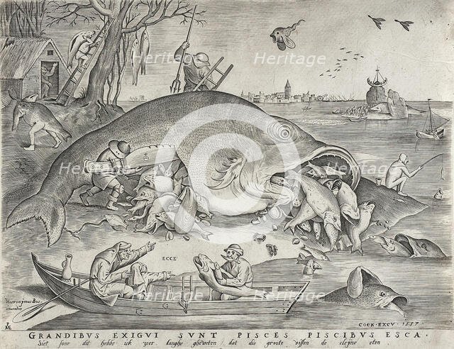 Big Fish Eat Little Fish, published 1557. Creator: Pieter van der Heyden.