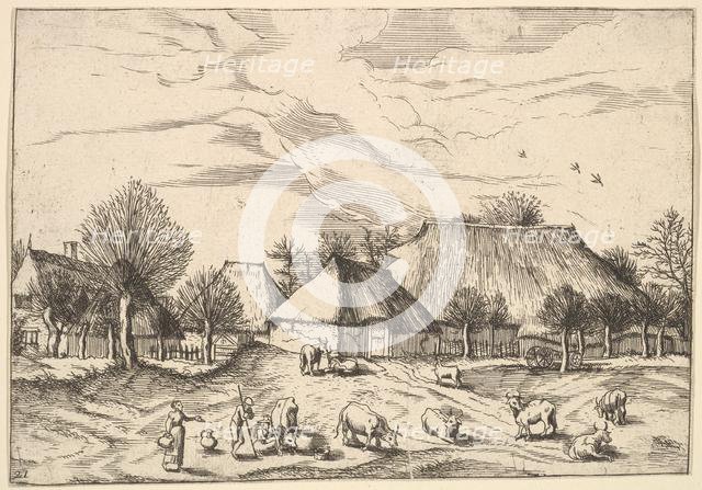 Farms, cattle with herdsmen and milkmaids in the foreground from Multifariarum casularu..., 1559-61. Creator: Johannes van Doetecum I.