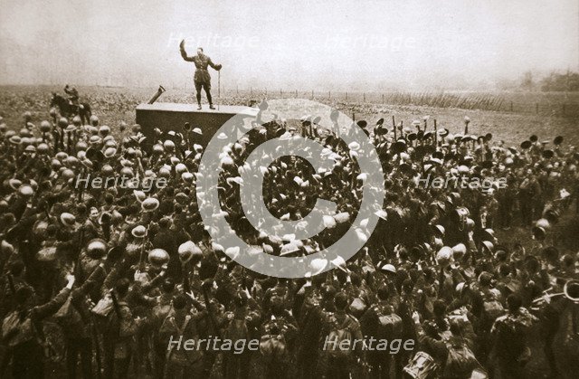 Colonel and men of the 9th East Surrey Regiment cheering the King, France, 12 November, 1918. Artist: Unknown