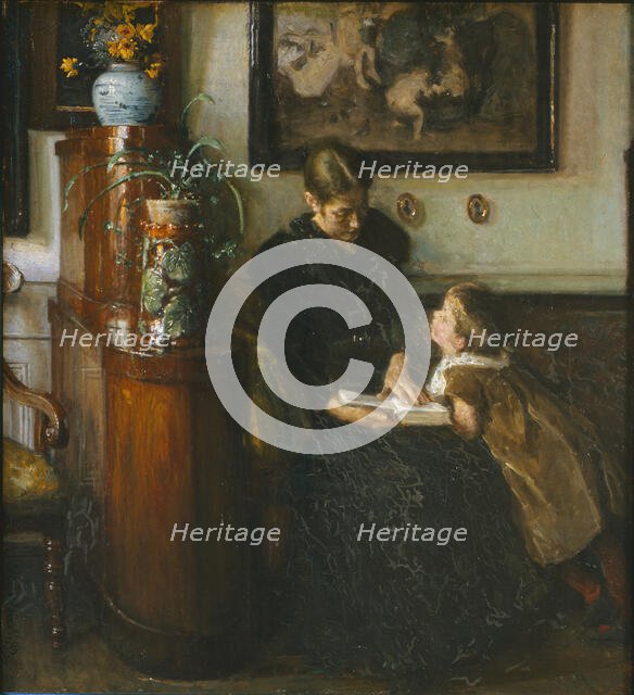 The artist's wife and child reading, 1893. Creator: Viggo Johansen.