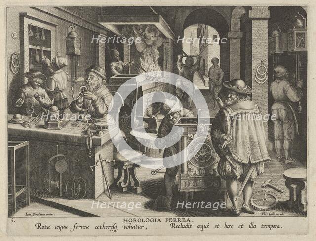 New Inventions of Modern Times [Nova Reperta], The Invention of the Clockwork, plate 5..., ca. 1600. Creator: Jan Collaert I.