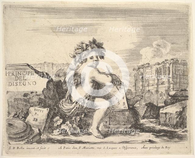 Plate 1: the genius of drawing, a child with wings, seated on a rock in center turned ..., ca. 1641. Creator: Stefano della Bella.