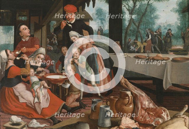 A family eating rice pudding. Creator: Pietersz, Pieter, the Elder (1540-1603).