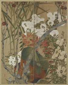 Rock, saplings and autumn flowers, Edo period, 18th century. Creator: Unknown.