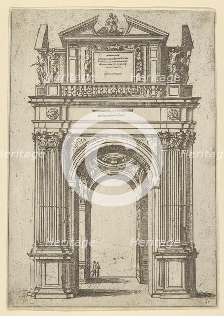 Triumphal arch surmounted by woman seated on a dolphin, four standing figures below, a tem..., 1598. Creator: Guido Reni.