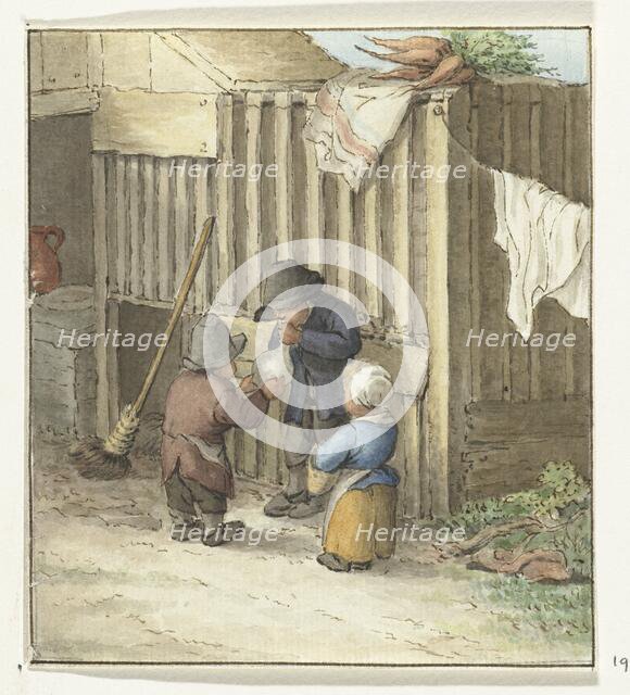 Three children playing with a pig bladder, 1775-1833. Creator: Jean Bernard.