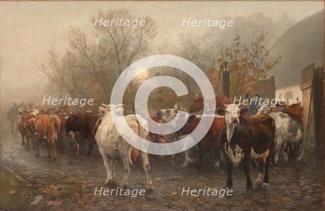 Driving Cows out of the Cowhouse, 1885. Creator: Otto Bache.