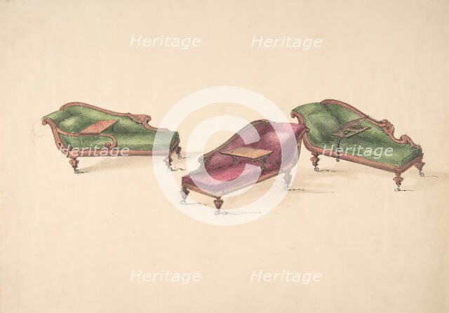 Design for Three Reclined Reading Sofas with Trays, on Casters, Upholstered..., early 19th cent. Creator: Anon.