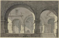 View into the side chapel of a Gothic church, illuminated in the evening; In the..., c1775-1779. Creator: Georg Melchior Kraus.