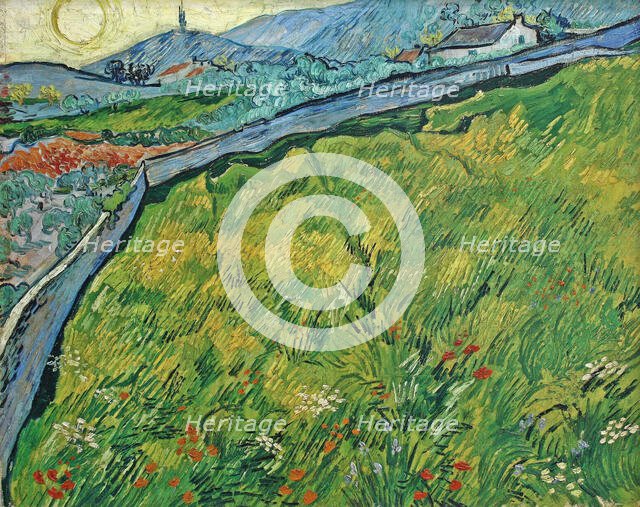 Enclosed wheat field with rising sun, 1889. Creator: Gogh, Vincent, van (1853-1890).