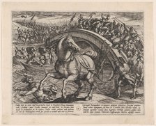Plate 31: Civilis Forced to Dismount and Swim Across the River, from The War of the Romans..., 1611. Creator: Antonio Tempesta.