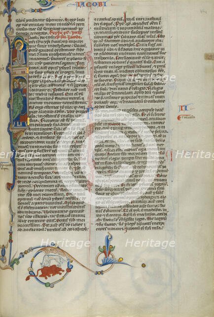 Initial I: Saint James with Christ above; Abbey Bible, about 1250-1262. Creator: Unknown.