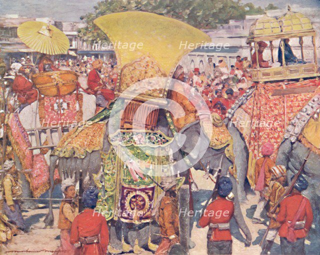 'Burmese Elephants at the State Entry', 1903. Artist: Mortimer L Menpes.