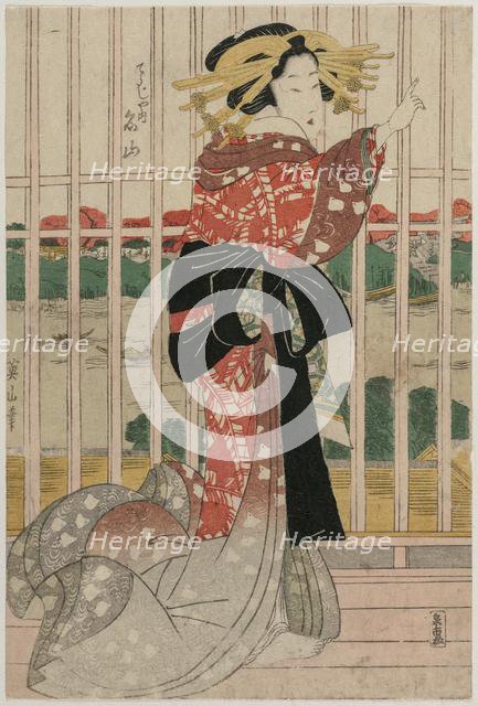 The Courtesan Meizan of the Chojiya on a Balcony Overlooking the Sumida River, c.early or mid 1820s. Creator: Eizan Kikugawa (Japanese, 1787-1867).