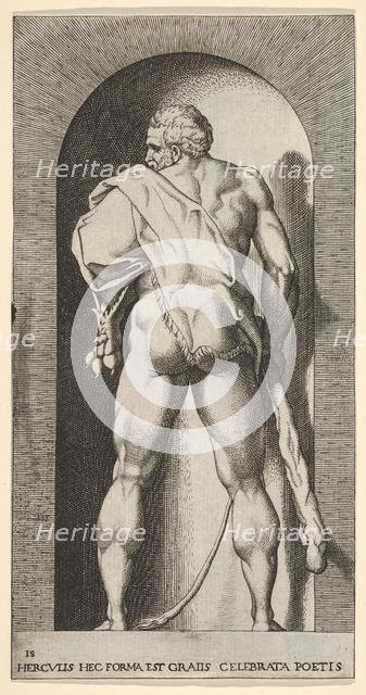 Plate 15: Hercules standing in a niche, wearing a lion skin and holding a club, viewed fro..., 1526. Creator: Giovanni Jacopo Caraglio.