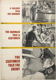 'A soldier told the barmaid, the barmaid told a customer...WWII poster, between 1939 and 1946. Creators: Central Office of Information, Unknown.