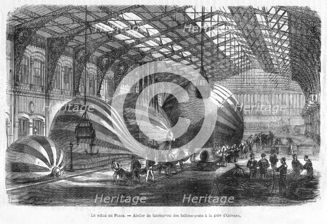 Manufacture of Mail Balloons at Gare d'Orleans during the Siege of Paris, pub. 1871 (engraving). Creator: Charles Fichot (1817 - 1903).