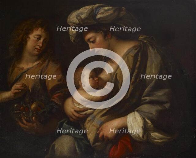 Rest on the Flight into Egypt, Virgin Mary nursing the infant Jesus, 1600-1666.  Creator: Guercino.