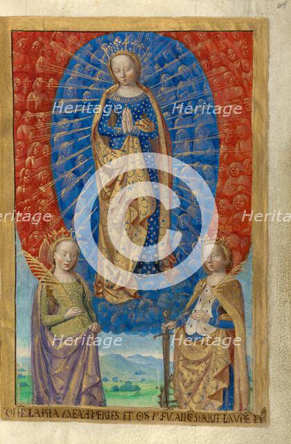 The Virgin in a Cloud of Angels, with Saints Barbara and Catherine; Poncher Hours, about 1500. Creator: Master of the Chronique Scandaleuse.