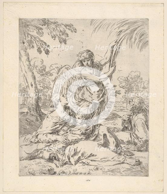 Repose in Egypt, Mary nursing the infant Christ while an angel pulls at tree branc..., ca.1630-1648. Creator: Simone Cantarini.