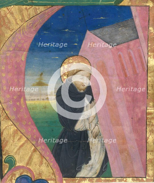 Manuscript Illumination with Saint Dominic Saving the Church of Saint John Lateran..., mid-15th cent Creator: Unknown.