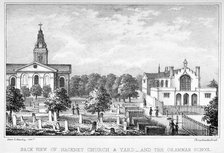 Back view of the Church of St John at Hackney and a grammar school, London, c1835.         Artist: Dean and Munday