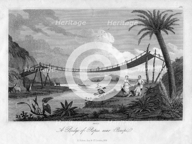 'A Bridge of Ropes, near Penipe', Ecuador, 1829. Artist: Storer
