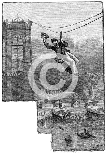 Testing the cables on Brooklyn Bridge, c1900. Artist: Unknown