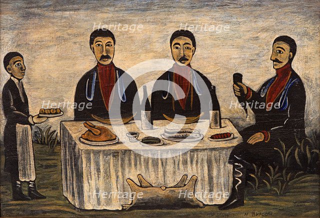 Three Men at Dinner, 1900s. Artist: Pirosmani, Niko (1862-1918)