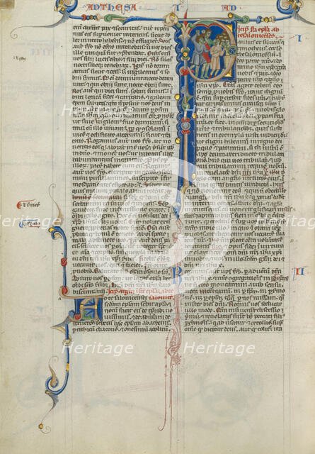 Initial P: A Crowd Fleeing from Demon-Possessed Men; Abbey Bible, about 1250-1262. Creator: Unknown.