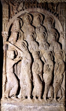 Monastery of Santo Domingo de Silos, cloister, detail of the relief showing the incredulity of Sa…