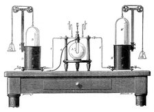 Antoine Lavoisier's apparatus for synthesizing water from hydrogen (left) and oxygen (right), 1881. Artist: Unknown