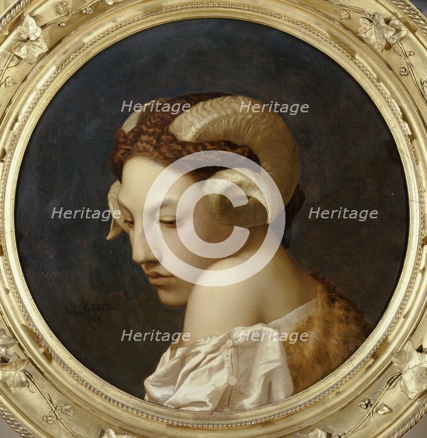 Female head crowned with ram horns.