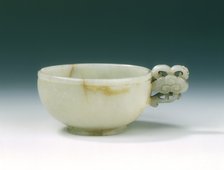 Circular jade cup with lingzhi handle, Jin or Yuan dynasty, China, 1125-1368. Artist: Unknown